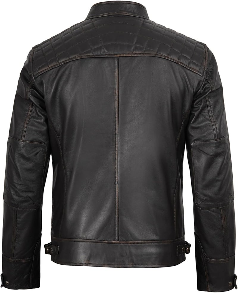 fjackets Real Lambskin Leather Biker Jacket - Quilted Cafe Racer Zip Up Moto Jacket for Men - Image 4