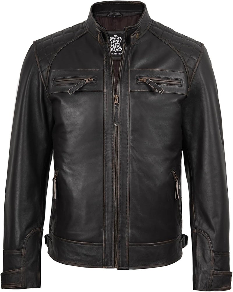 fjackets Real Lambskin Leather Biker Jacket - Quilted Cafe Racer Zip Up Moto Jacket for Men - Image 3