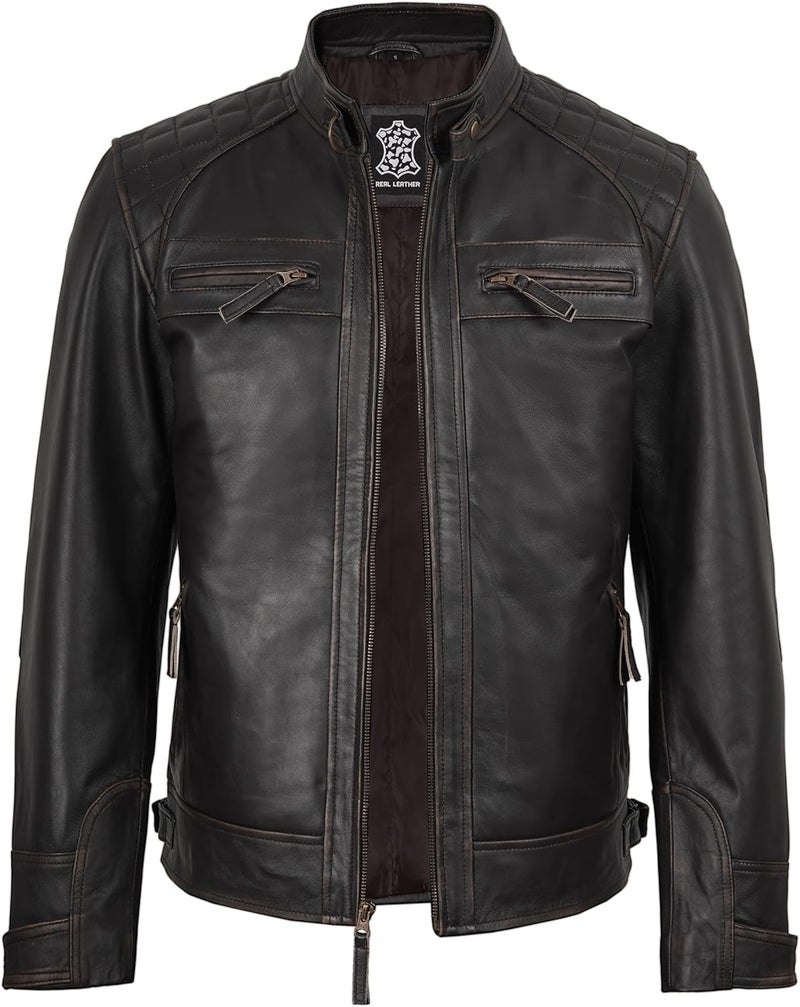fjackets Real Lambskin Leather Biker Jacket - Quilted Cafe Racer Zip Up Moto Jacket for Men - Image 2
