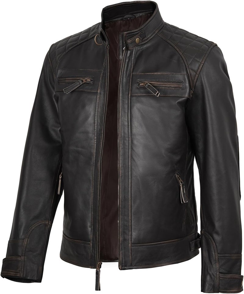 fjackets Real Lambskin Leather Biker Jacket - Quilted Cafe Racer Zip Up Moto Jacket for Men - Image 1