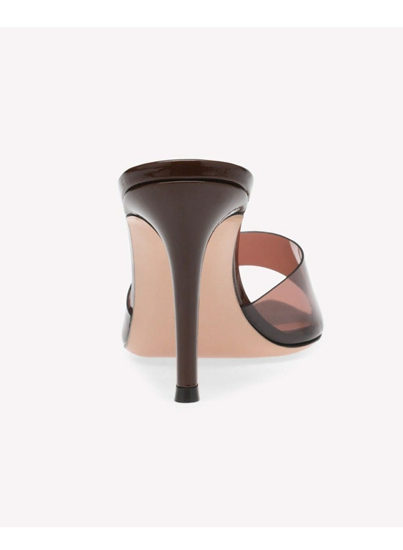 Loquat Women's  Pointed Toe One Line Design High Heeled Sandals Stiletto Heel Open Toe Slip On High Heels Slippers Brown 8.5CM  - Image 4