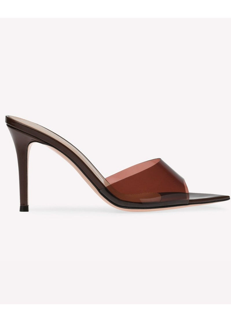 Loquat Women's  Pointed Toe One Line Design High Heeled Sandals Stiletto Heel Open Toe Slip On High Heels Slippers Brown 8.5CM  - Image 1