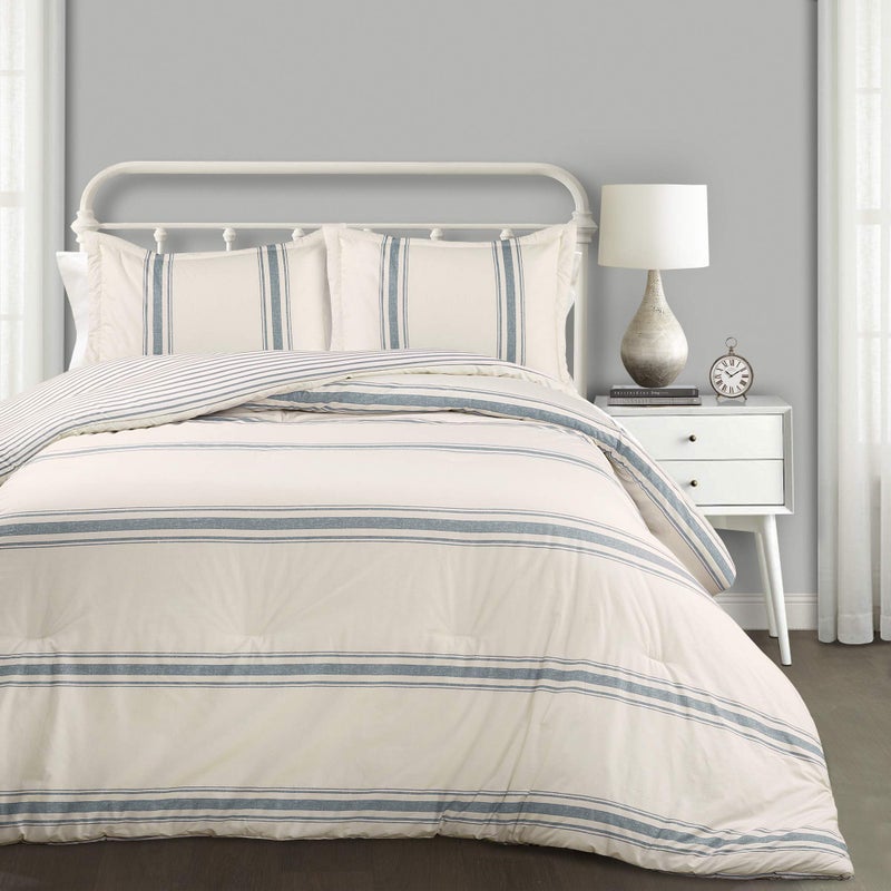 Lush Decor Lush Decor Farmhouse Stripe Reversible Cotton Comforter Set 3 Piece Set Full Queen Blue  Bedding Set  Striped Comforter  Bedroom Decor  - Image 1