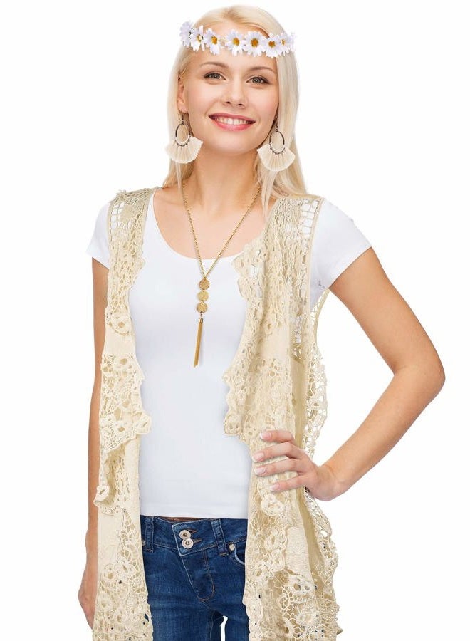 WILLBOND 4 Pcs 60s 70s Outfits for Women Hippie Costume 70s Costume Tops Accessories Women Fringe Hippie Vest, White, M - Image 5