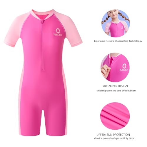 karrack Teen Girls One Piece Swimsuits with Chest Pads Kid Water Sport Short Swimsuit UPF 50+ Sun Protection Bathing Suits Pink (Size 13-15Years) - Image 5