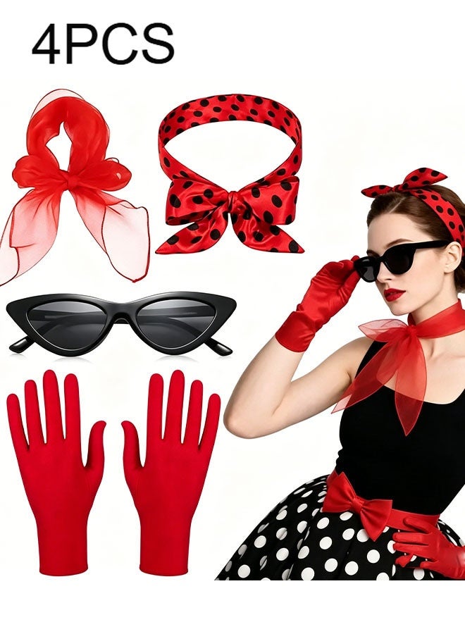 Happy D 4-piece French clothing accessories set, including red headscarf, scarf, sunglasses, and gloves, suitable for women, 1950s vintage outfits, cosplay, and themed parties. - Image 1