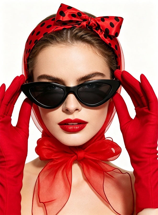 Happy D 4-piece French clothing accessories set, including red headscarf, scarf, sunglasses, and gloves, suitable for women, 1950s vintage outfits, cosplay, and themed parties. - Image 3