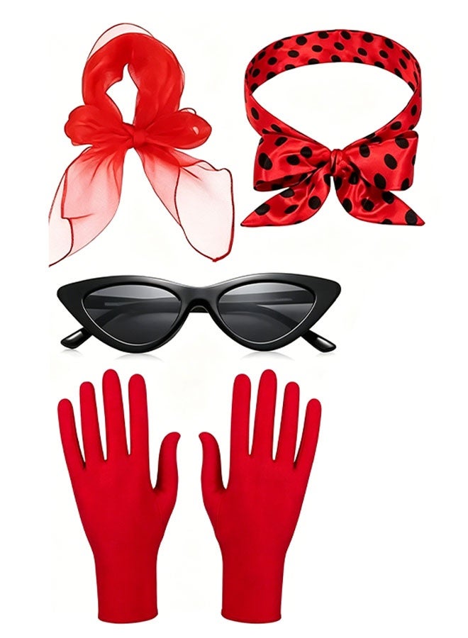 Happy D 4-piece French clothing accessories set, including red headscarf, scarf, sunglasses, and gloves, suitable for women, 1950s vintage outfits, cosplay, and themed parties. - Image 2