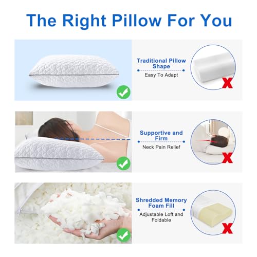 Seyfote Cooling Pillows Queen Size Set of 4, Shredded Memory Foam Pillows, Adjustable Firm Bed Pillows Cool Cold Pillow for Hot Side Back Stomach Sleepers with Removable Washable Cover, 20" x 30", White - Image 5