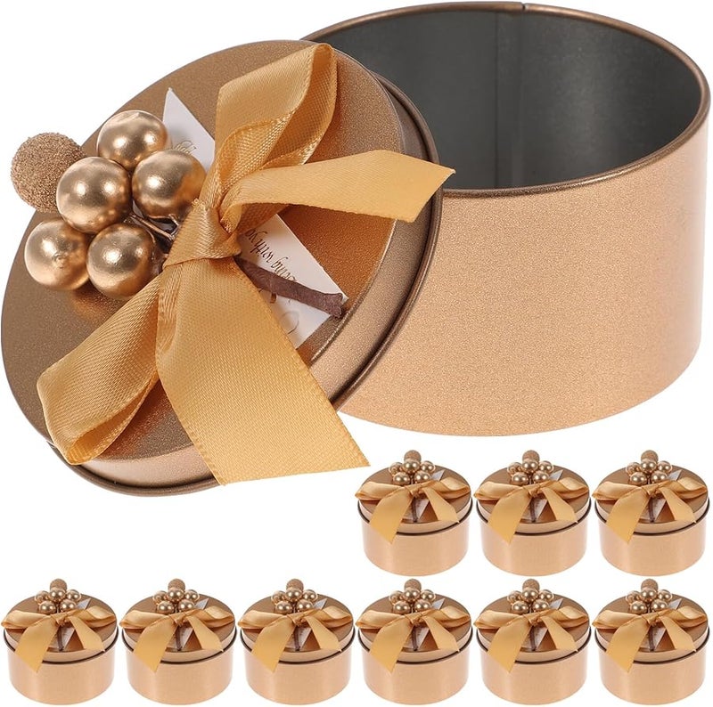 علب حلوى ذهبية من القصدير 10 قطع مع شريط حاملات هدايا حفلات الزفاف تصميم ربطة التوت - Image 2