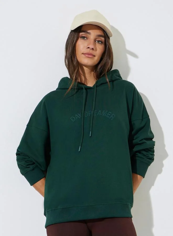Styli Dark Green Slogan Embroidery Oversized Hoodie