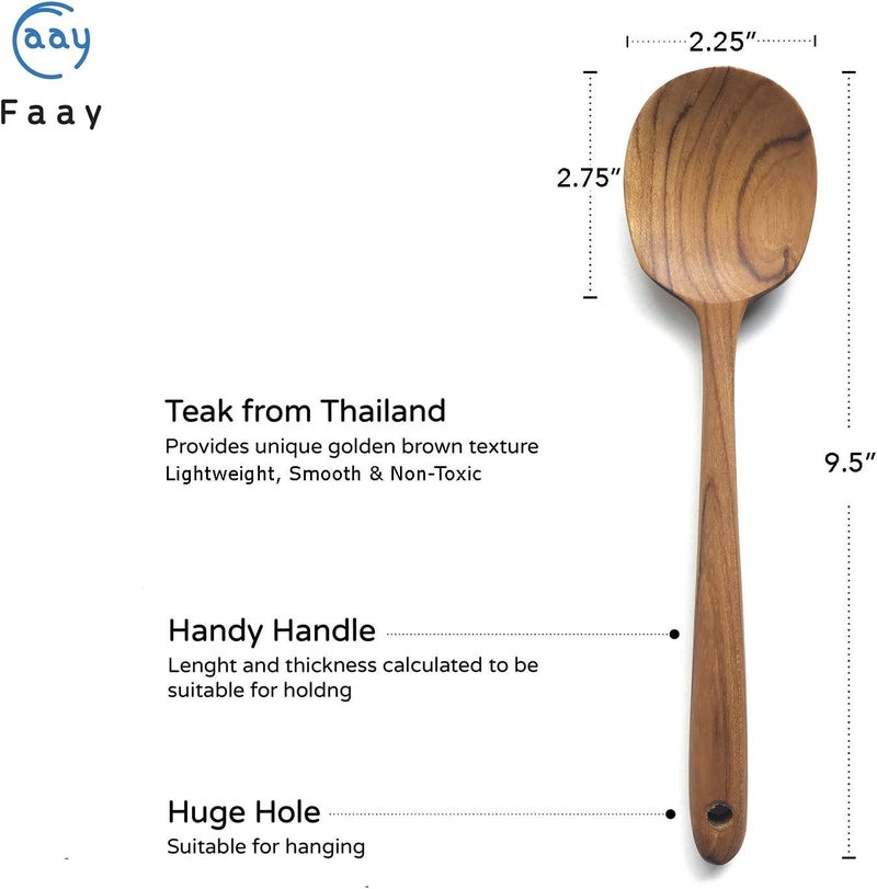 FAAY Thai Teak Salad & Cooking Spoons (2 Pack), 9.5 inch – Handcrafted in Thailand, Natural Coconut Oil Finish, Smooth Non-Scratch Utensils for Mixing & Serving - Image 2