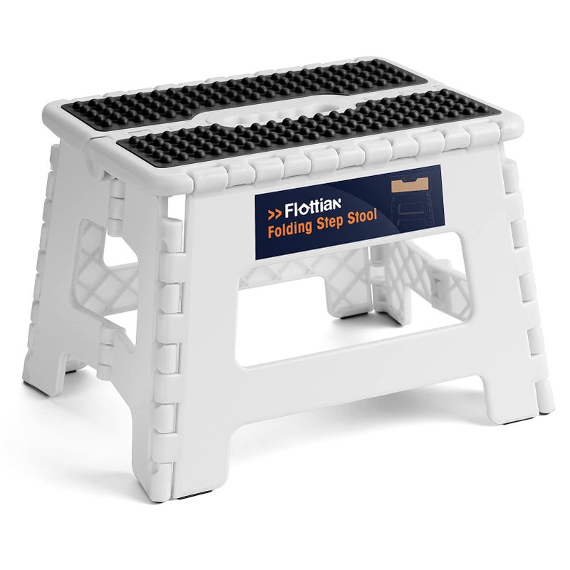 Flottian 9" Folding Step Stool for Adults and Kids Holds Up to 300 lbs,Non-Slip Folding Stools with Portable Handle, Compact Plastic Foldable Step Stool for Bathroom,Bedroom, Kitchen White - Image 1