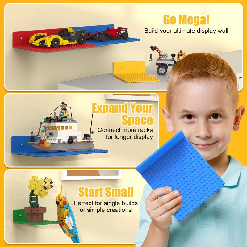 BlissBox 8-Pack Small Floating Shelves for Wall Compatible with Lego Building Bricks, 5x5.5inch Dualâ€‘Sided 16x17 Studs for Toy Brick Storage and Display, ABS Display Shelves for Room Decor, Multicolor - Image 5