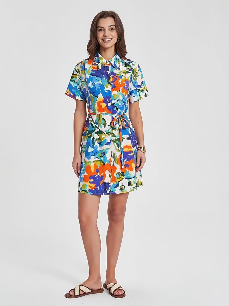 DATAMOUNT Beach Dress for Women 2026 Floral Print Sundress with Wrap Belt Short Sleeve Casual - Image 2