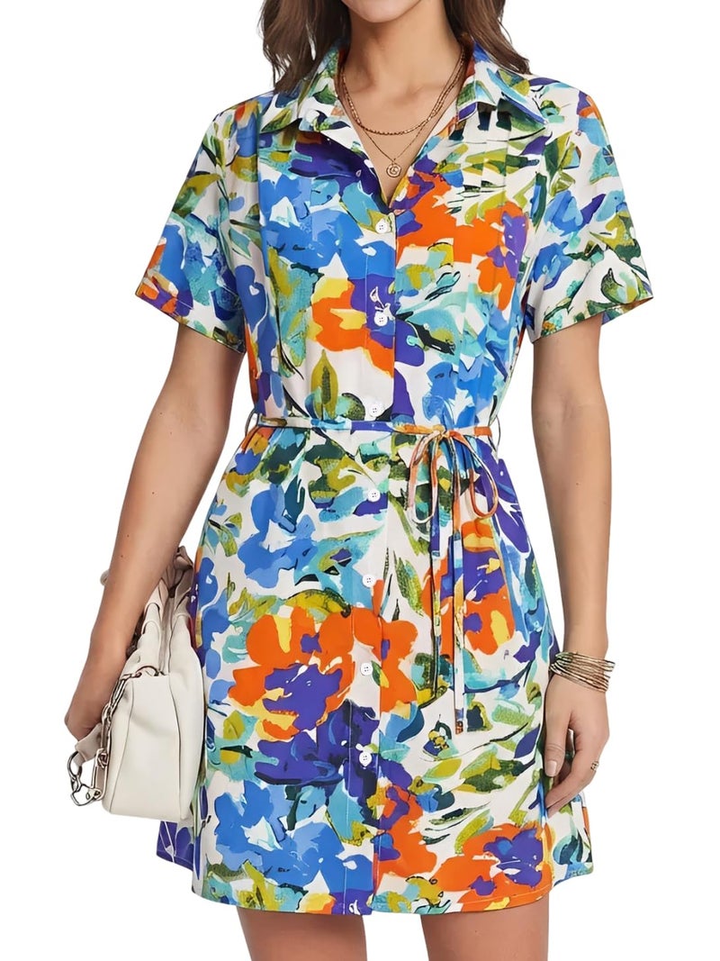 DATAMOUNT Beach Dress for Women 2026 Floral Print Sundress with Wrap Belt Short Sleeve Casual - Image 1