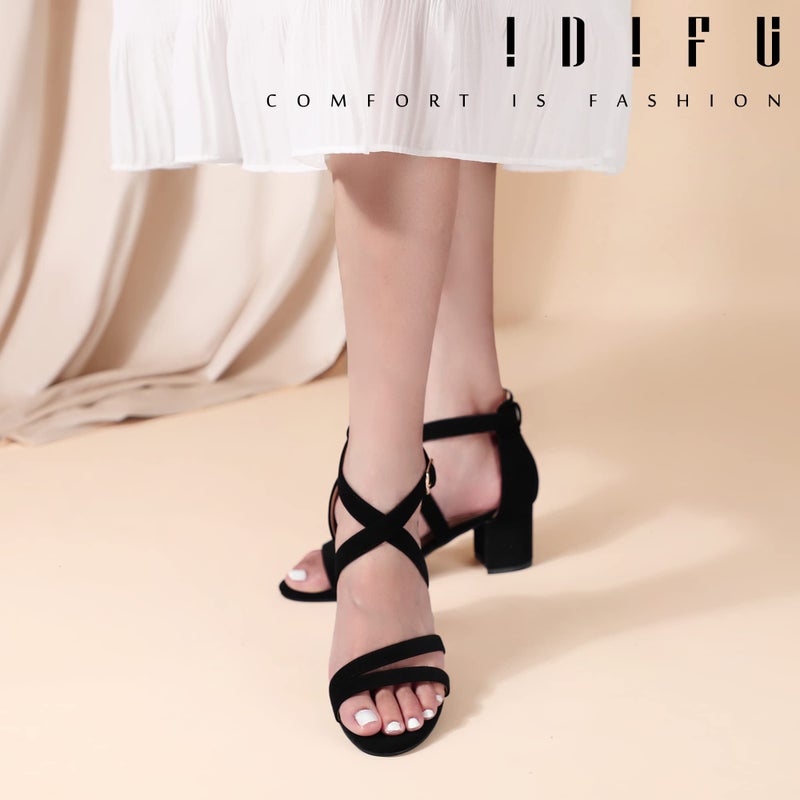 IDIFU Women's Block Low Chunky Heel Strappy Sandals Open Toe Ankle Strap Dress Wedding Evening Shoe for Women Bridal (Black Nubuck, 8 M US) - Image 2