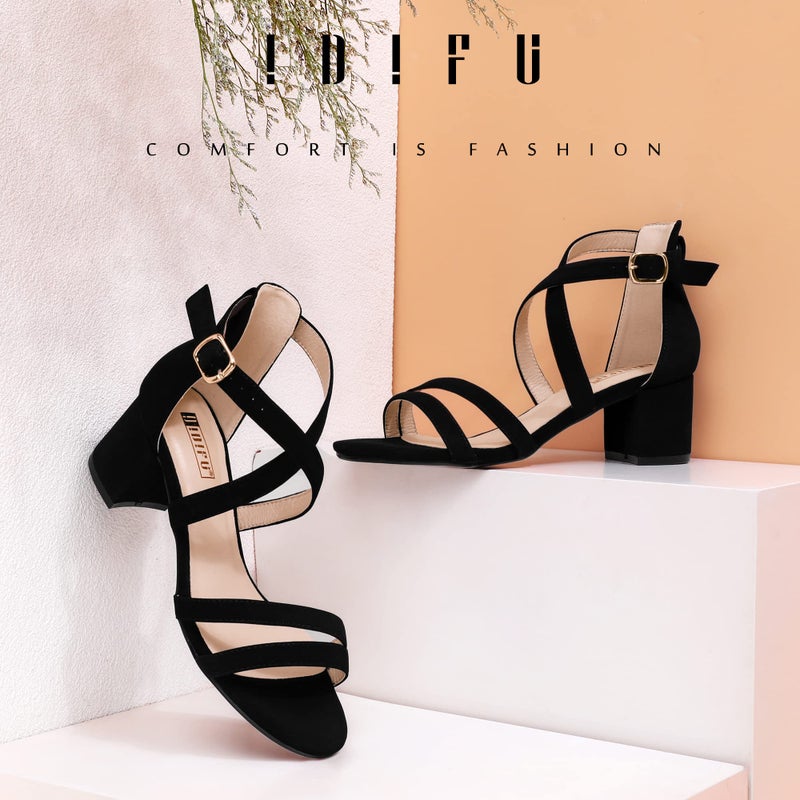 IDIFU Women's Block Low Chunky Heel Strappy Sandals Open Toe Ankle Strap Dress Wedding Evening Shoe for Women Bridal (Black Nubuck, 8 M US) - Image 3