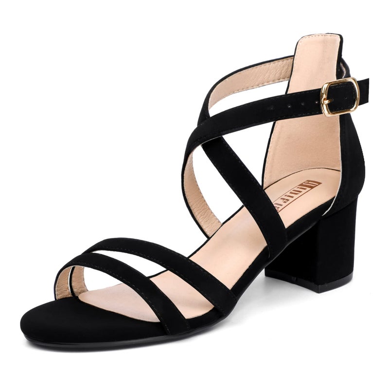 IDIFU Women's Block Low Chunky Heel Strappy Sandals Open Toe Ankle Strap Dress Wedding Evening Shoe for Women Bridal (Black Nubuck, 8 M US) - Image 1