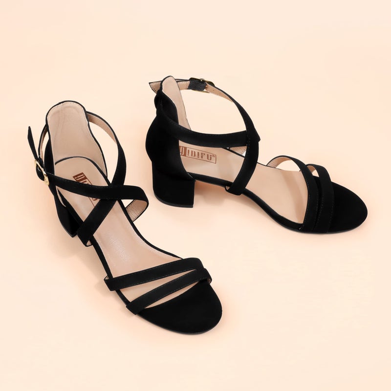 IDIFU Women's Block Low Chunky Heel Strappy Sandals Open Toe Ankle Strap Dress Wedding Evening Shoe for Women Bridal (Black Nubuck, 8 M US) - Image 5