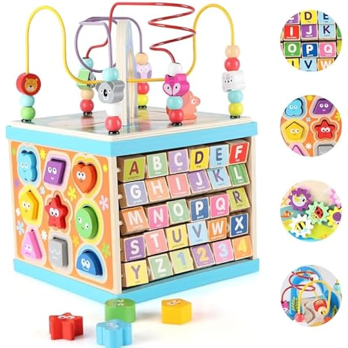 WOODEN ACTIVITY CUBE FOR TODDLERS 1-3, MONTESSORI EARLY EDUCATIONAL TOYS 5 IN 1 MULTIPURPOSE ABC 123 ABACUS, BEAD MAZE, FIRST BIRTHDAY GIFTS FOR BOYS GIRLS (5 IN 1) - Image 2