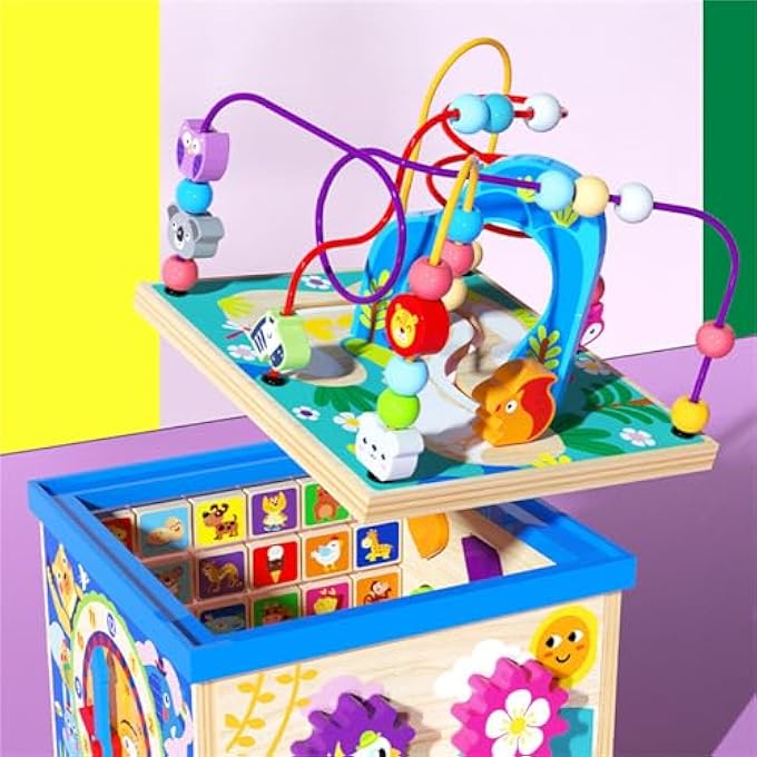 WOODEN ACTIVITY CUBE FOR TODDLERS 1-3, MONTESSORI EARLY EDUCATIONAL TOYS 5 IN 1 MULTIPURPOSE ABC 123 ABACUS, BEAD MAZE, FIRST BIRTHDAY GIFTS FOR BOYS GIRLS (5 IN 1) - Image 4