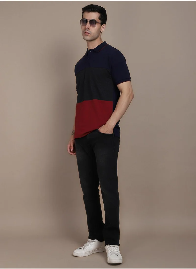 دينيس لينغو Navy Colourblocked Regular Fit Polo Collar T-shirt for Men - 100% Cotton, Half Sleeves, Casual