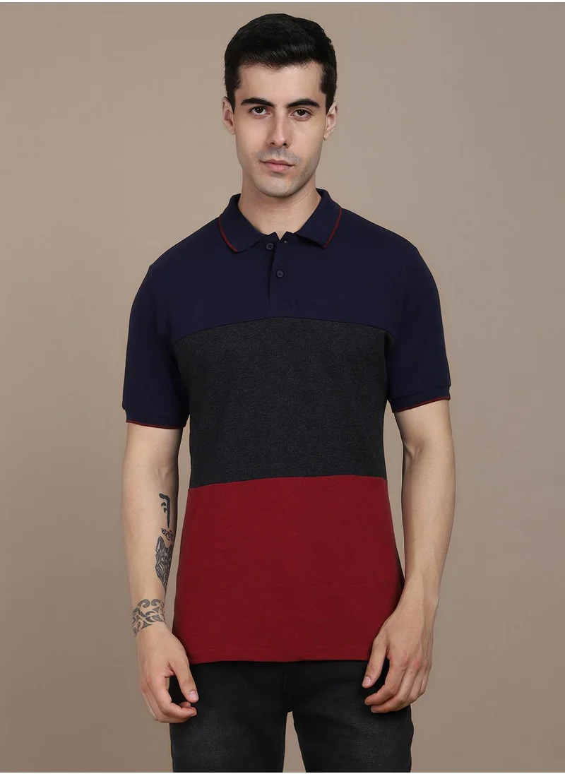 دينيس لينغو Navy Colourblocked Regular Fit Polo Collar T-shirt for Men - 100% Cotton, Half Sleeves, Casual