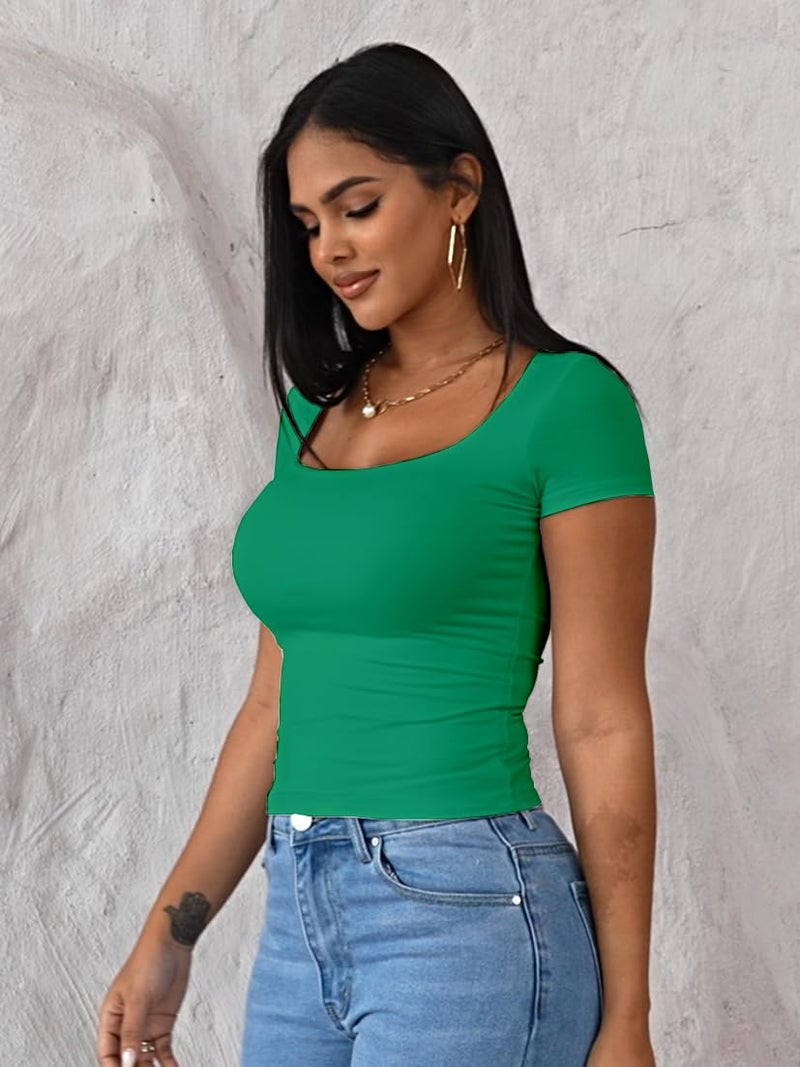 Dwnval Womens Summer Sexy Square Neck Tops Double Lined Short Sleeve Shirts Slim Fit Crop Top(Green, S) - Image 3