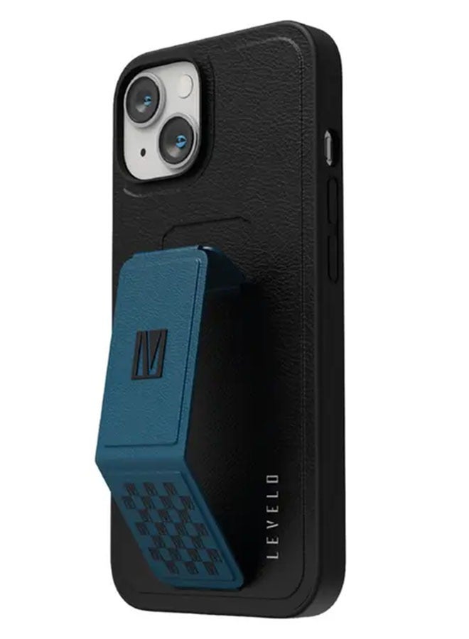 LEVELO iPhone 14 Case 6.1inch Morphix Grip stand PU Leather Back Cover / Easy Snap-On / Drop & Bumper Protection / Black Phone Case with Blue Grip Stand - Pacific Blue - Image 1