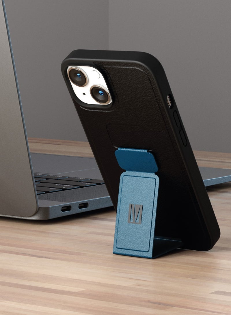 LEVELO iPhone 14 Case 6.1inch Morphix Grip stand PU Leather Back Cover / Easy Snap-On / Drop & Bumper Protection / Black Phone Case with Blue Grip Stand - Pacific Blue - Image 2