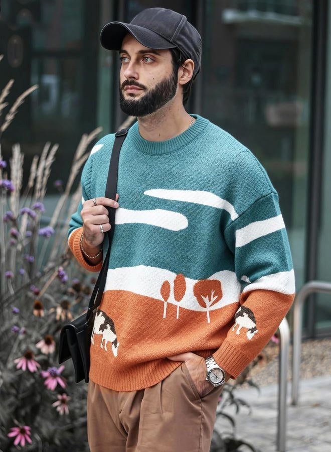 Flygo Men's Cow Sweater Harajuku Oversized Sweaters Chunky Casual Knit Pullover Jumper Fall Winter Fashion, Orange, M - Image 5