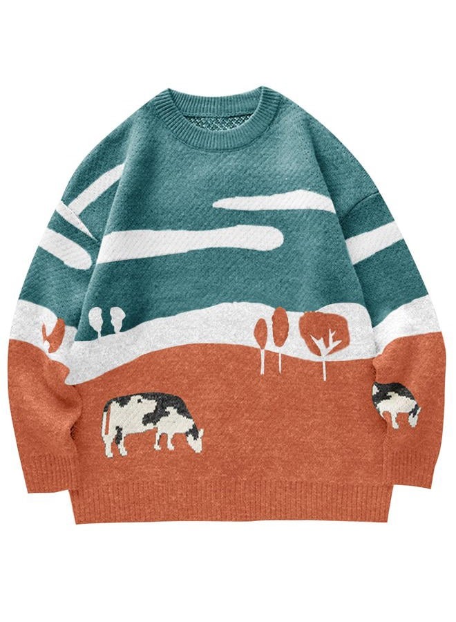 Flygo Men's Cow Sweater Harajuku Oversized Sweaters Chunky Casual Knit Pullover Jumper Fall Winter Fashion, Orange, M - Image 1
