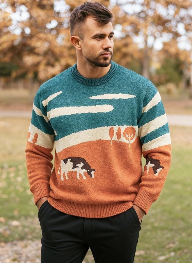 Flygo Men's Cow Sweater Harajuku Oversized Sweaters Chunky Casual Knit Pullover Jumper Fall Winter Fashion, Orange, M - Image 3