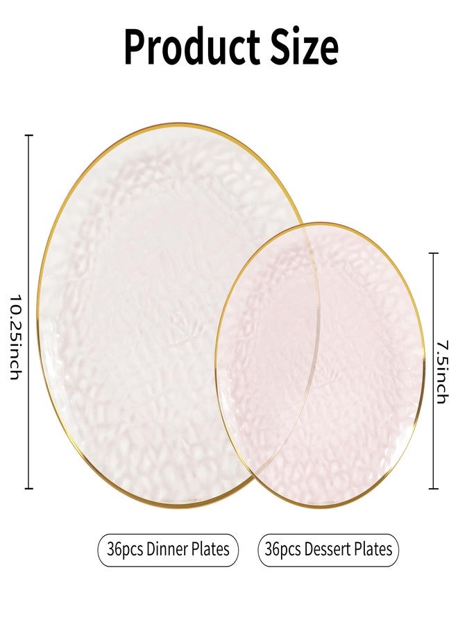 ISFANGCO 72Pcs Pink Disposable Plastic Plates, Hammered Party Plate, Clear Plastic Plate With Gold Rim, Disposable Dinnerware Set Includes 36 10.25" Dinner and 36 7.5" Dessert Plates for Wedding - Image 2