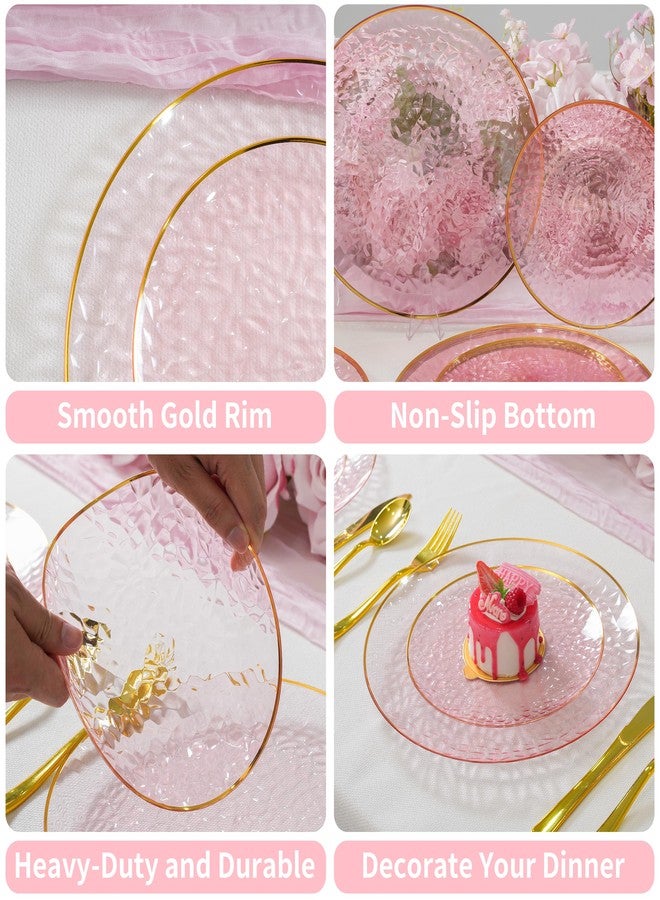 ISFANGCO 72Pcs Pink Disposable Plastic Plates, Hammered Party Plate, Clear Plastic Plate With Gold Rim, Disposable Dinnerware Set Includes 36 10.25" Dinner and 36 7.5" Dessert Plates for Wedding - Image 4