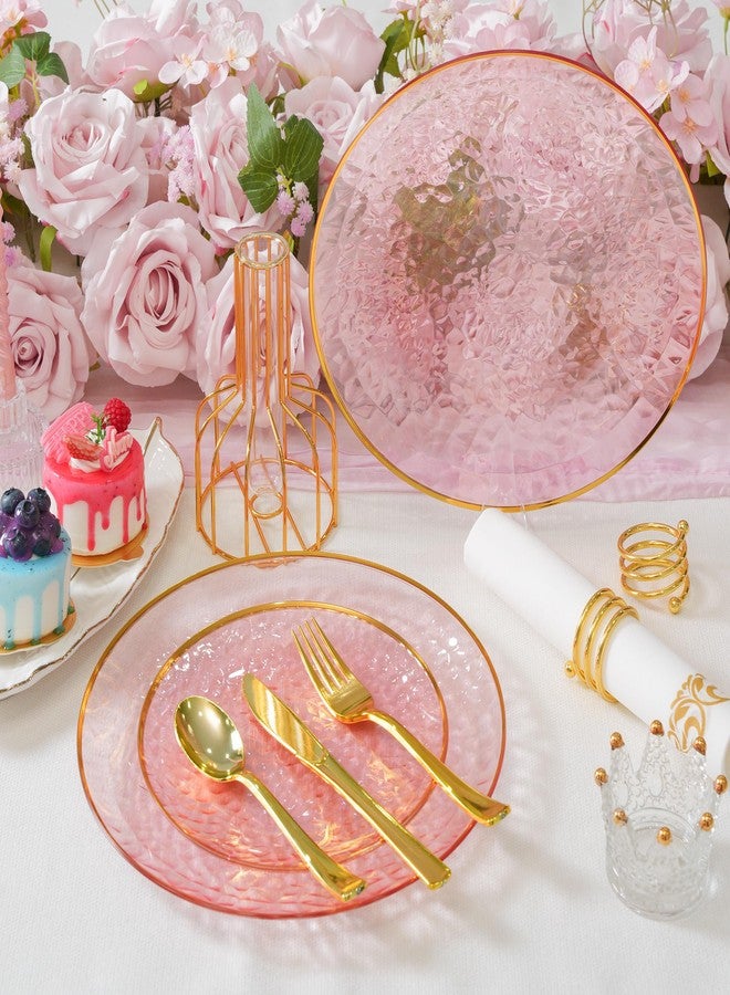 ISFANGCO 72Pcs Pink Disposable Plastic Plates, Hammered Party Plate, Clear Plastic Plate With Gold Rim, Disposable Dinnerware Set Includes 36 10.25" Dinner and 36 7.5" Dessert Plates for Wedding - Image 1