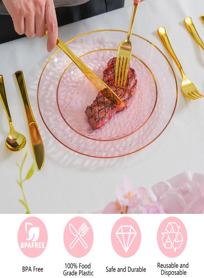ISFANGCO 72Pcs Pink Disposable Plastic Plates, Hammered Party Plate, Clear Plastic Plate With Gold Rim, Disposable Dinnerware Set Includes 36 10.25" Dinner and 36 7.5" Dessert Plates for Wedding - Image 3