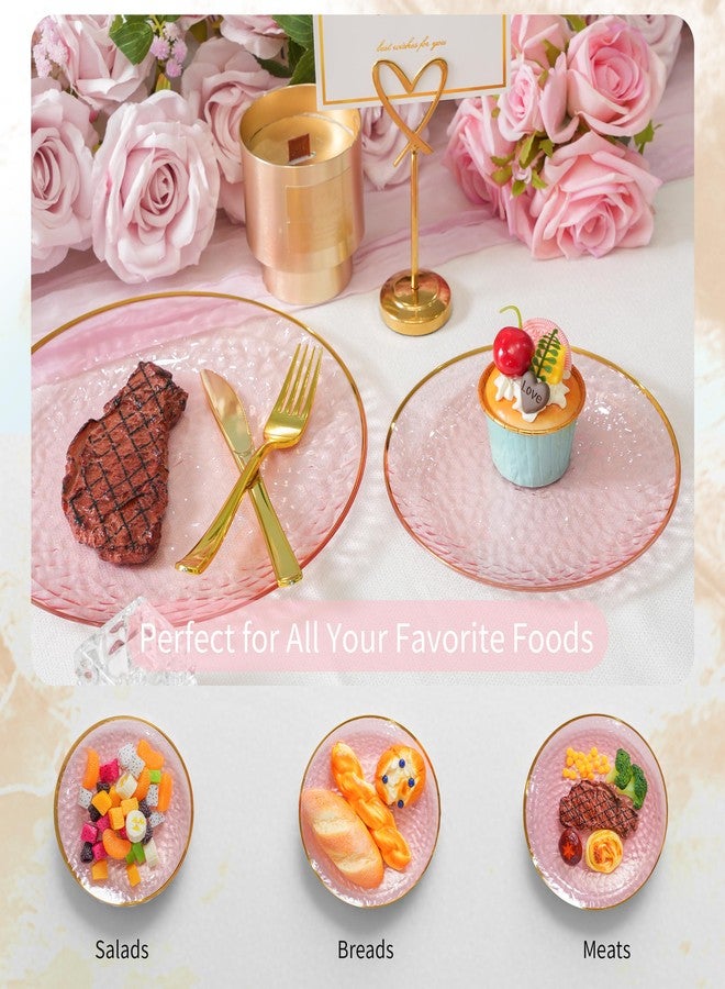 ISFANGCO 72Pcs Pink Disposable Plastic Plates, Hammered Party Plate, Clear Plastic Plate With Gold Rim, Disposable Dinnerware Set Includes 36 10.25" Dinner and 36 7.5" Dessert Plates for Wedding - Image 5