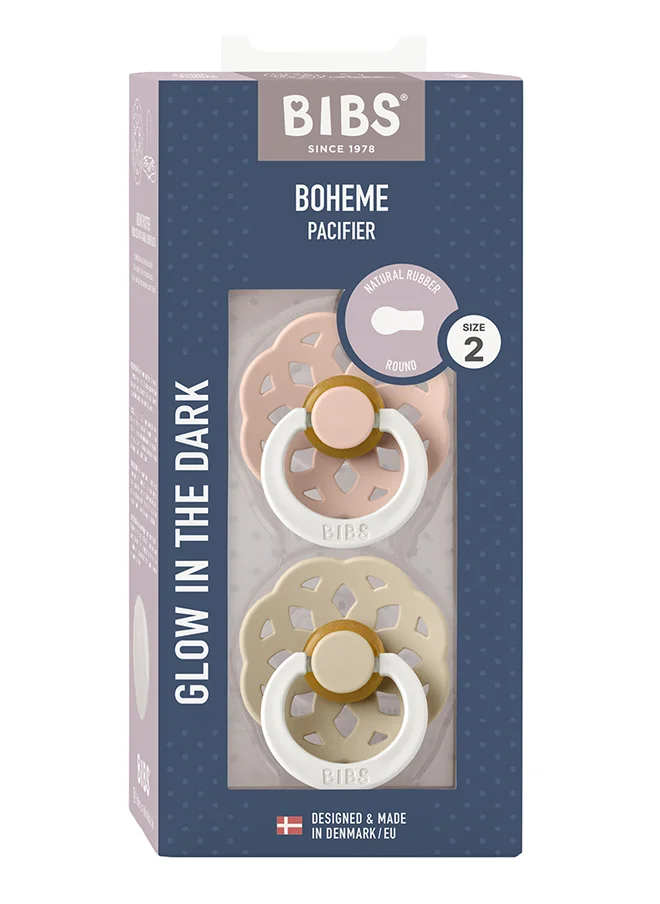 BIBS Baby Pacifier Boheme, Made with Natural Rubber Latex, Round Nipple, Mouth Skin Sensitive, Soft, Flexible, For Babies 6 Months and Above, BPA-free, Blush/ Vanilla Glow Colour, Pack of 2, Size 2