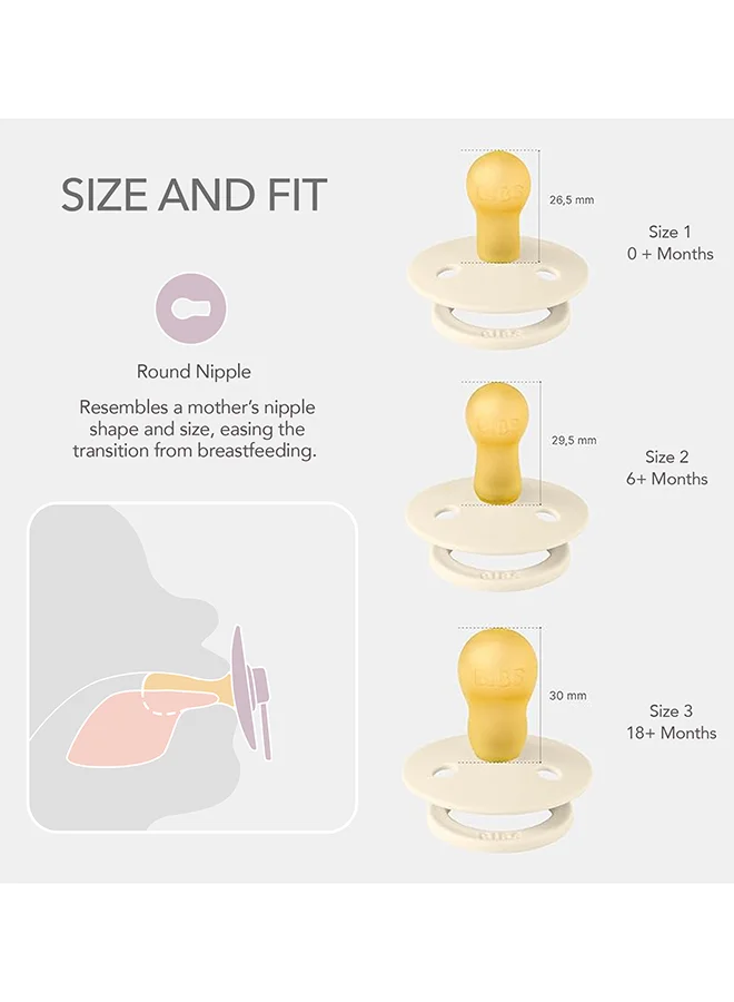 BIBS Baby Pacifier Boheme, Made with Natural Rubber Latex, Round Nipple, Mouth Skin Sensitive, Soft, Flexible, For Babies 6 Months and Above, BPA-free, Blush/ Vanilla Glow Colour, Pack of 2, Size 2
