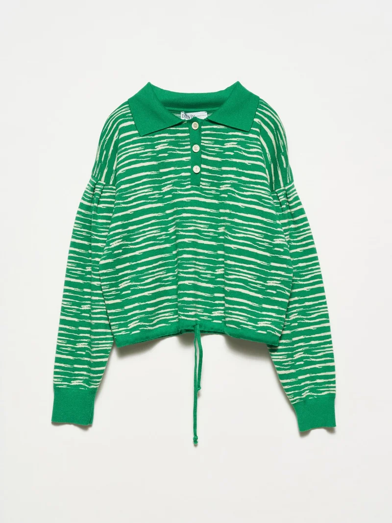 Dilvin 10318 Polo Collar Buttoned Sweater-Green-N.