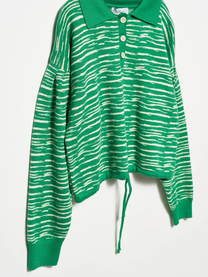 Dilvin 10318 Polo Collar Buttoned Sweater-Green-N.
