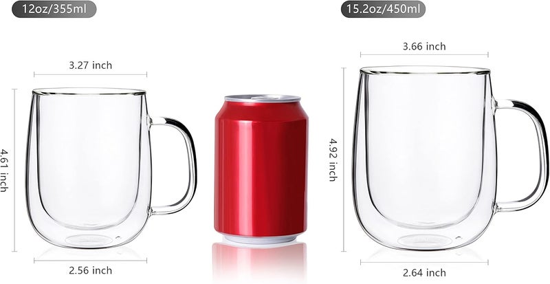 CnGlass Glass Coffee Mugs 12oz,Double Wall Insulated Mug Set with Handle,Clear Glass Espresso Mugs for Latte,Cappuccino,Tea Bag,Hot and Cold Beverages,Set of 4 - Image 2