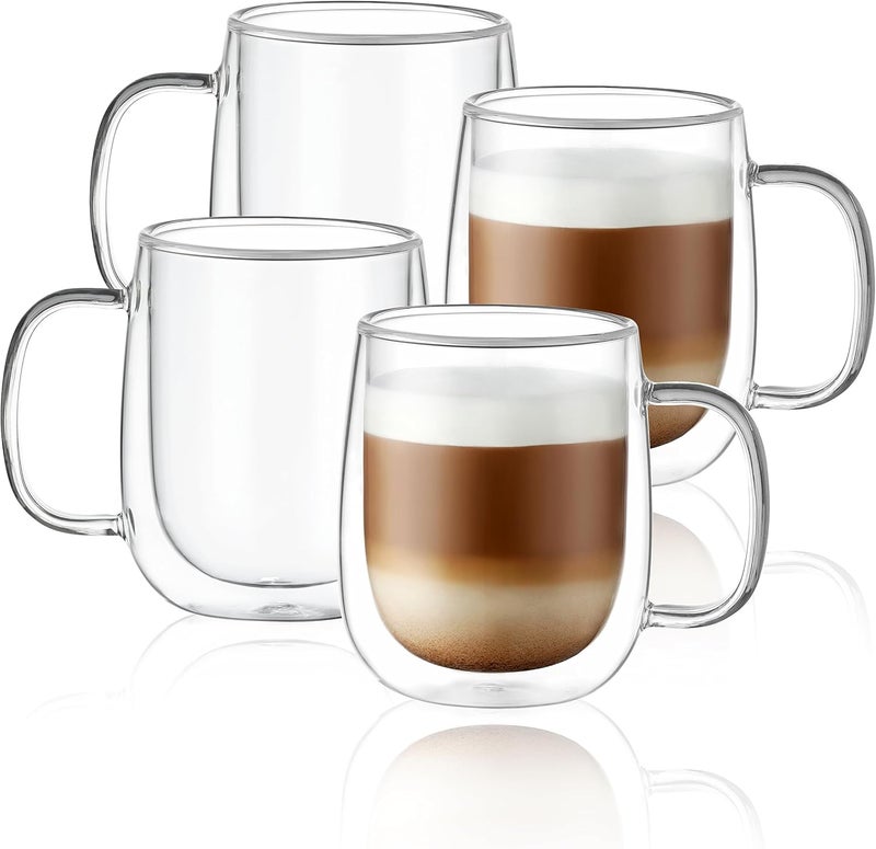 CnGlass Glass Coffee Mugs 12oz,Double Wall Insulated Mug Set with Handle,Clear Glass Espresso Mugs for Latte,Cappuccino,Tea Bag,Hot and Cold Beverages,Set of 4 - Image 1