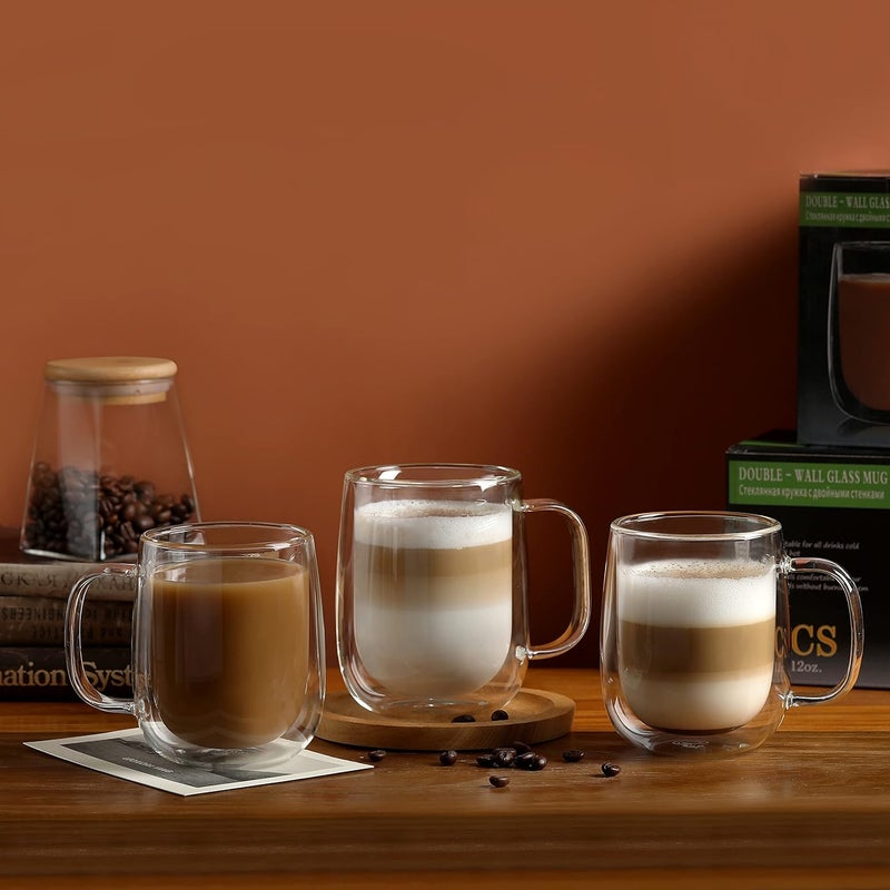 CnGlass Glass Coffee Mugs 12oz,Double Wall Insulated Mug Set with Handle,Clear Glass Espresso Mugs for Latte,Cappuccino,Tea Bag,Hot and Cold Beverages,Set of 4 - Image 5
