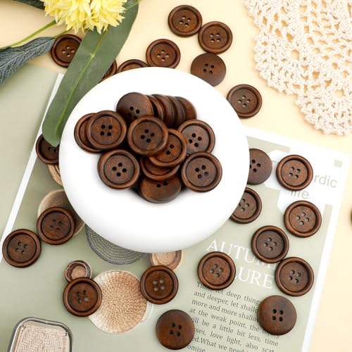 Trinkrittey 50Pcs 1 Inch Wooden Buttons 4 Hole Polished Sewing Buttons Classic Wooden Button for Shirt Pillow Covers Headbands Crafts Sewing Knitted Items - Image 3