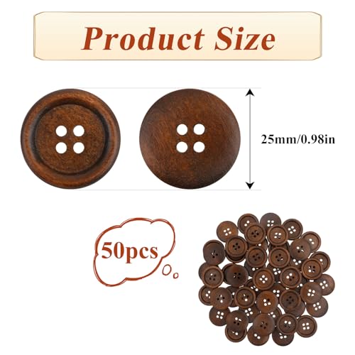 Trinkrittey 50Pcs 1 Inch Wooden Buttons 4 Hole Polished Sewing Buttons Classic Wooden Button for Shirt Pillow Covers Headbands Crafts Sewing Knitted Items - Image 2