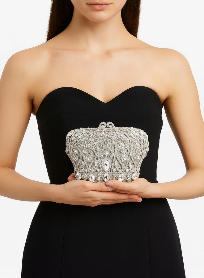 Tngan Women Luxury Crown Shaped Crystal Evening Clutch Elegant Rhinestones Party Handbag and Purse, Silver - Image 3