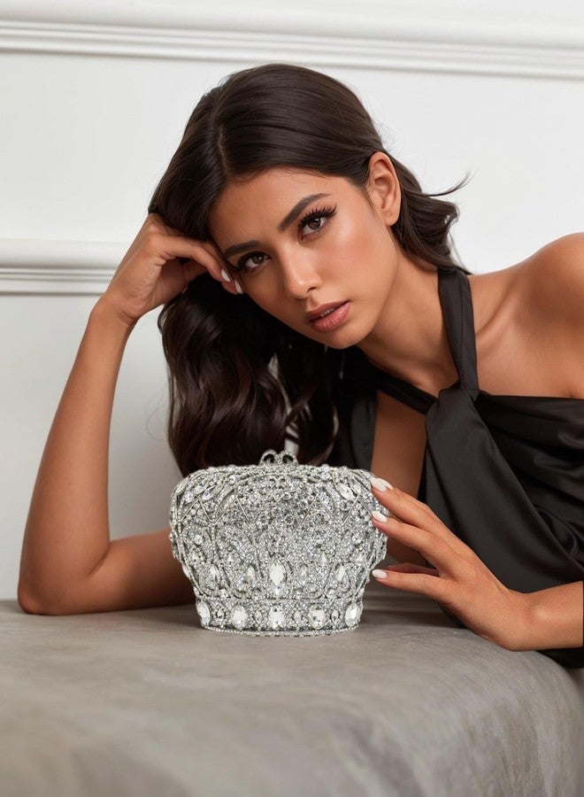 Tngan Women Luxury Crown Shaped Crystal Evening Clutch Elegant Rhinestones Party Handbag and Purse, Silver - Image 2